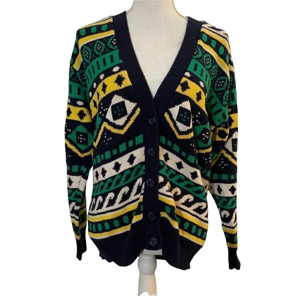 Charter Club Cardigan Green Navy Blue Yellow Geometric Stripes Oversized Small - Picture 1 of 8